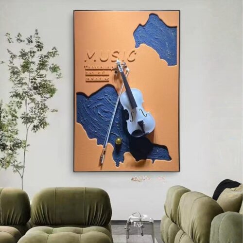 3D violin wall art with textured background – modern decorative sculpture for living room or music room.