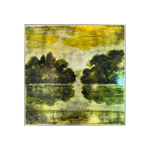 Green landscape metal wall art with reflective surface for modern Malaysian home decoration