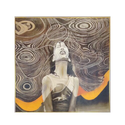 Abstract female portrait artwork with flowing lines and warm tones, modern wall art for living room or gallery wall in Malaysia